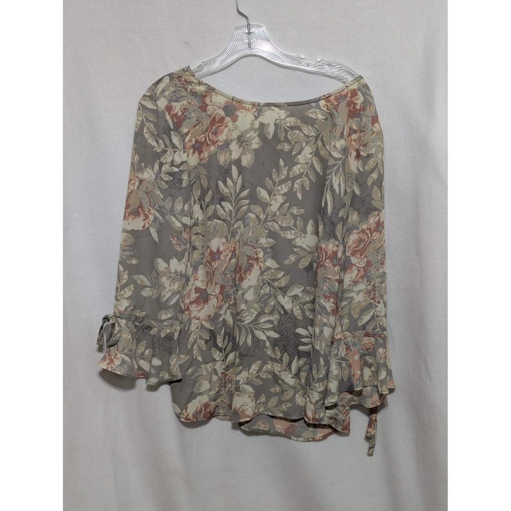 Violet + Claire Floral Bell Sleeve Tie Cuff Blouse Sage Green Terracotta Large